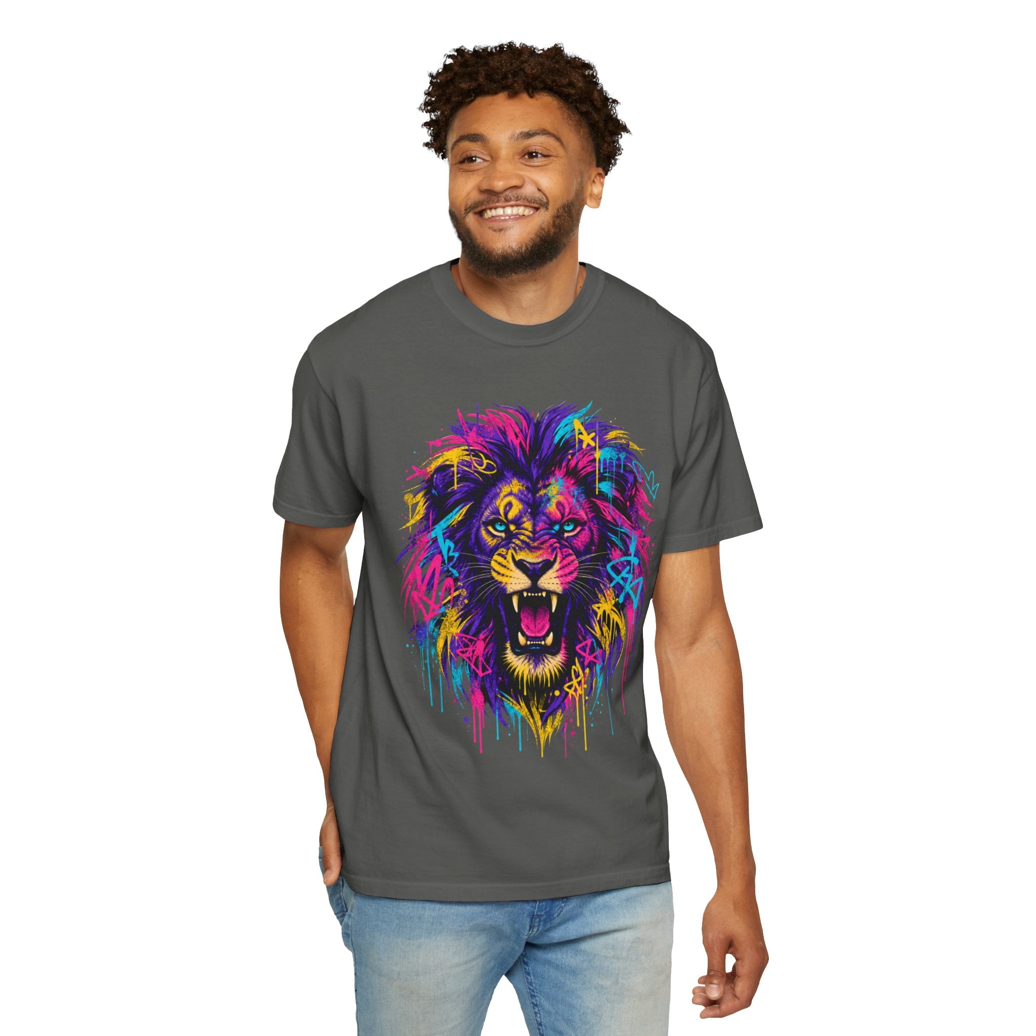 Colorful Roaring Lion T Shirt Vibrant Neon Animal Graphic Tee
