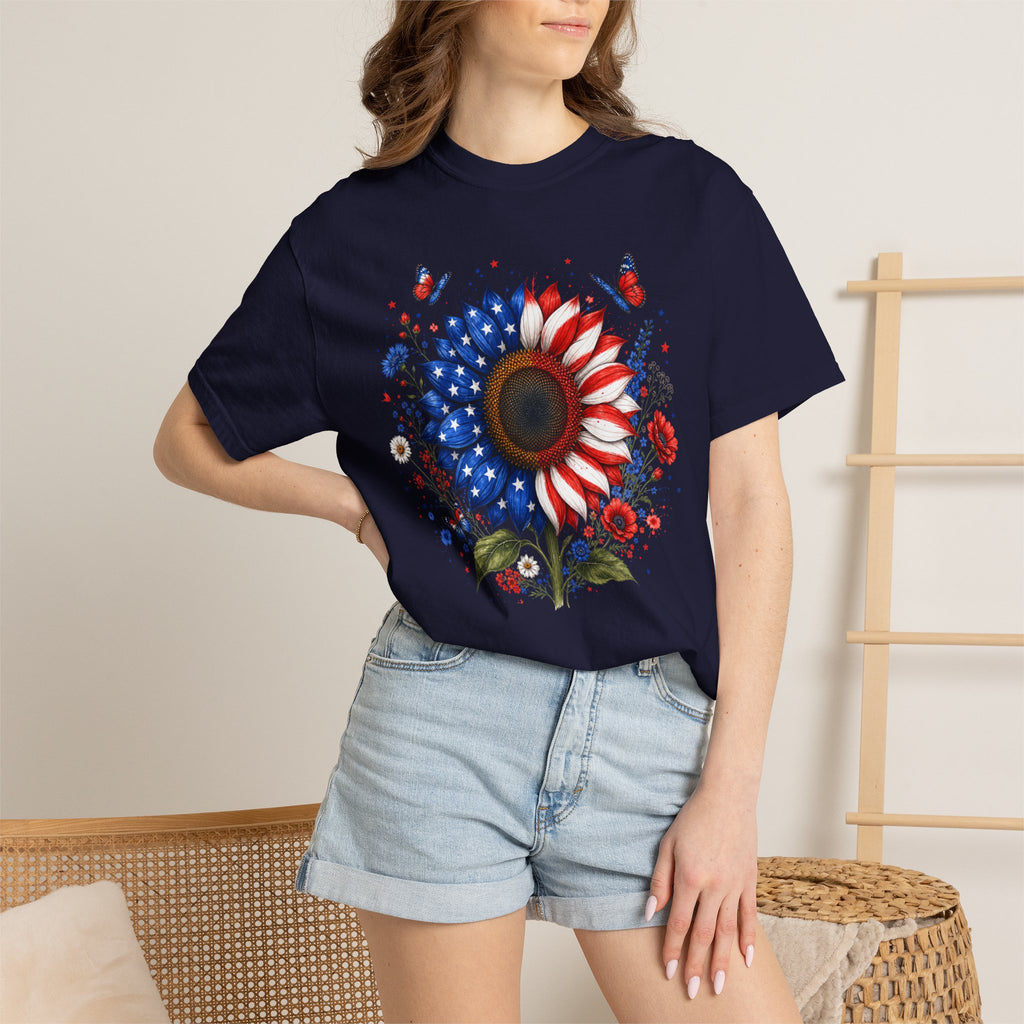 Patriotic Sunflower T Shirt American Flag Floral Tee Fourth of July