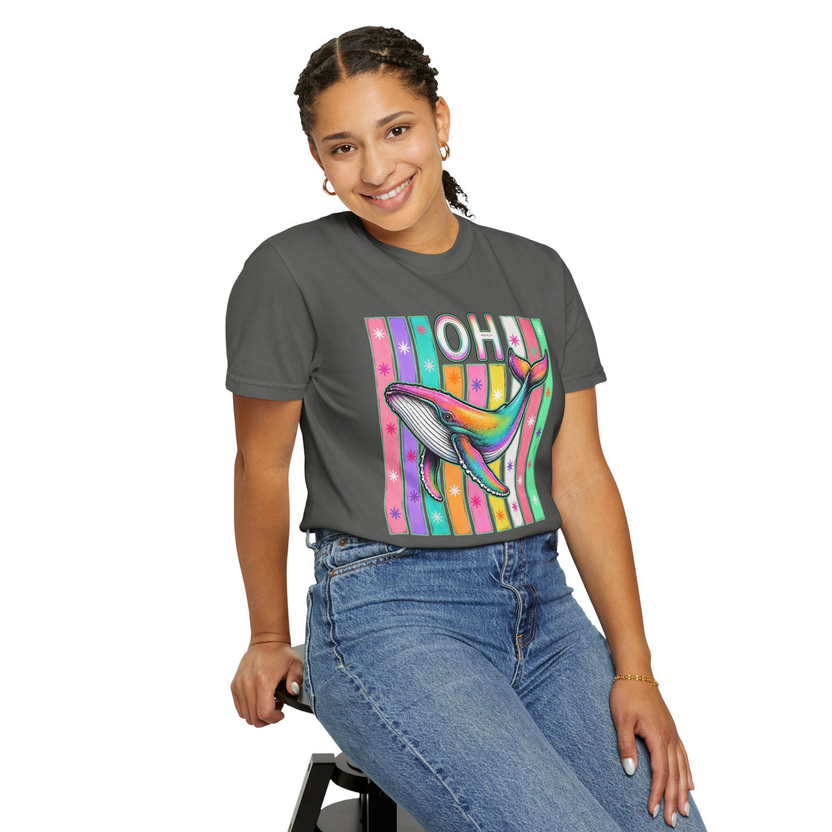 Oh Rainbow Whale T Shirt Retro Striped Graphic Tee