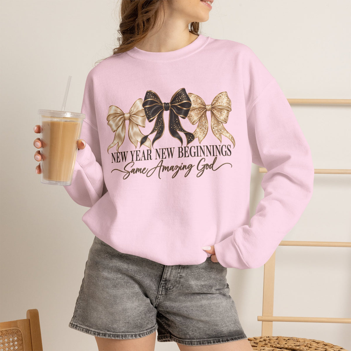 Christian New Year Sweatshirt, New Year New Beginnings Same Amazing God, Coquette Bow Crewneck, Faith Based New Years Eve Outfit, Christian