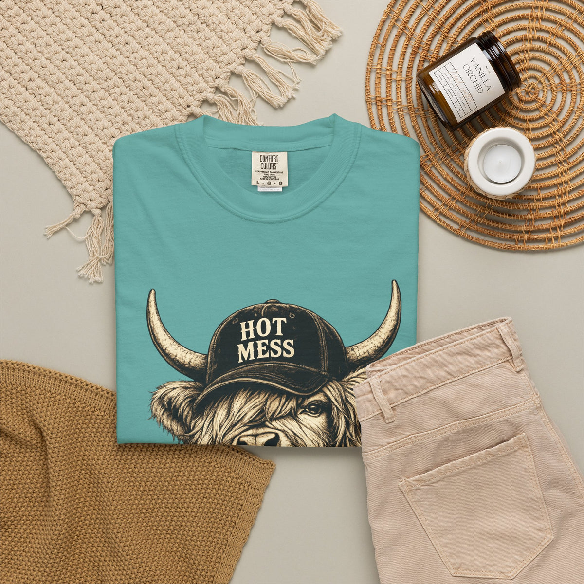 Hot Mess Highland Cow T Shirt Funny Cow with Coffee Graphic