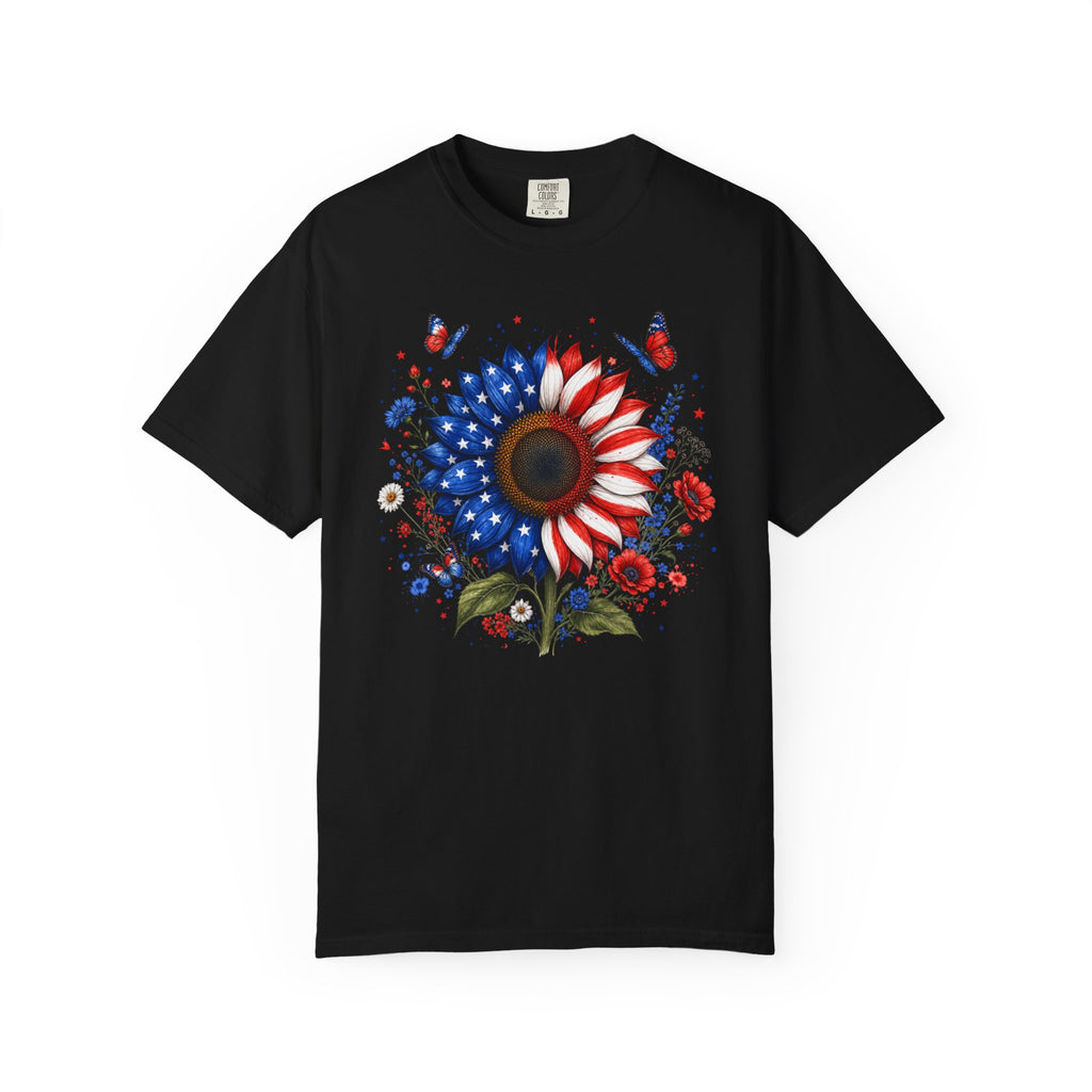 Patriotic Sunflower T Shirt American Flag Floral Tee Fourth of July