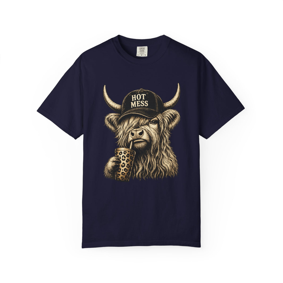 Hot Mess Highland Cow T Shirt Funny Cow with Coffee Graphic