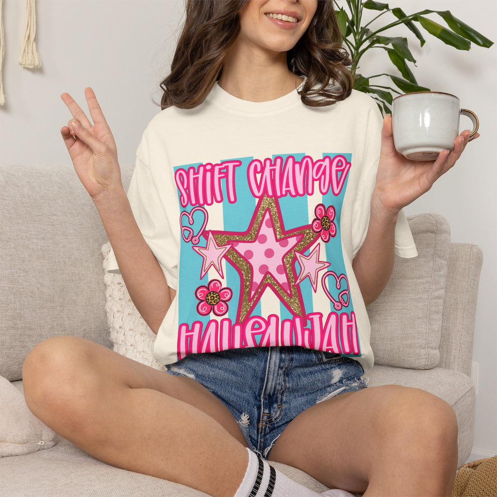 Shift Change Hallelujah T Shirt Cute Pink Star Nurse Worker Tee