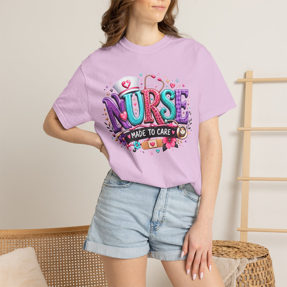 Nurse Made to Care Graphic T Shirt Cute Colorful Nursing Appreciation Tee