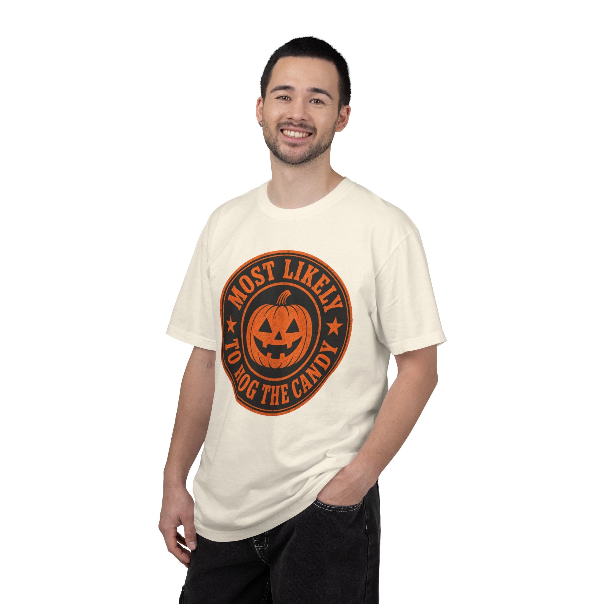 Most Likely to Hog the Candy Halloween T Shirt Jack-O Lantern Pumpkin Graphic Tee
