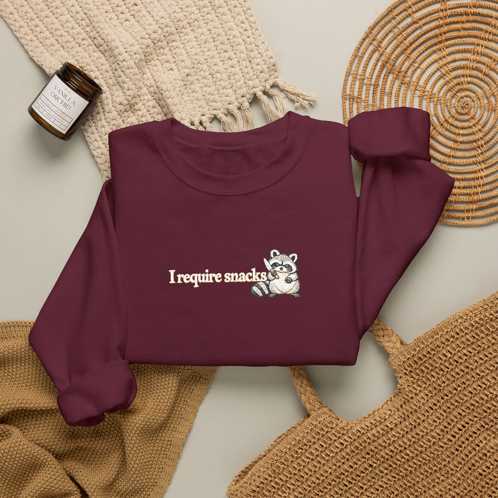 I Require Snacks Embroidered Sweatshirt, Funny Raccoon Sweatshirt, Minimalist Embroidery, Sarcastic Animal Lover Gift, Cozy Crewneck