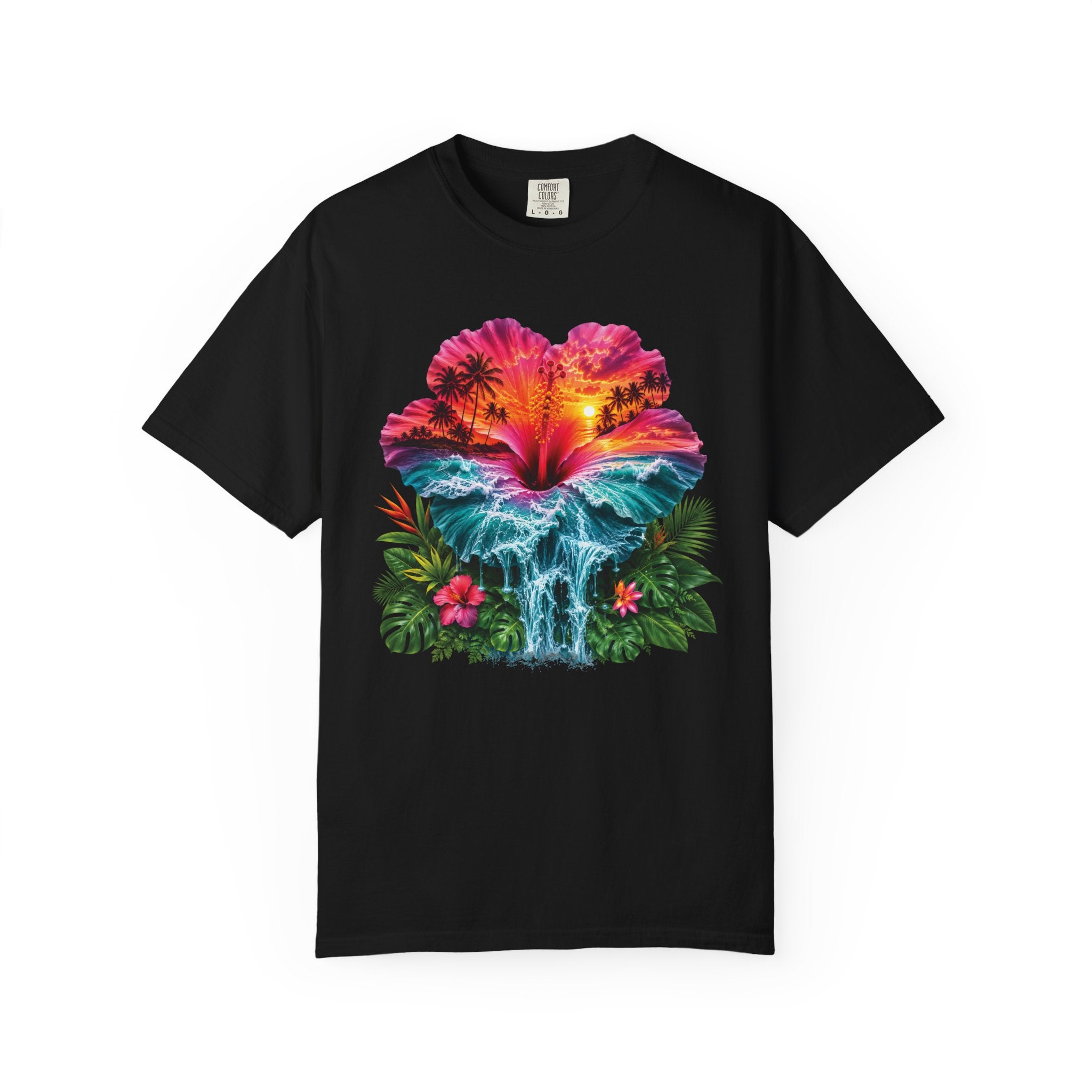 T Shirt Tropical Hibiscus Waterfall Sunset Graphic Tee