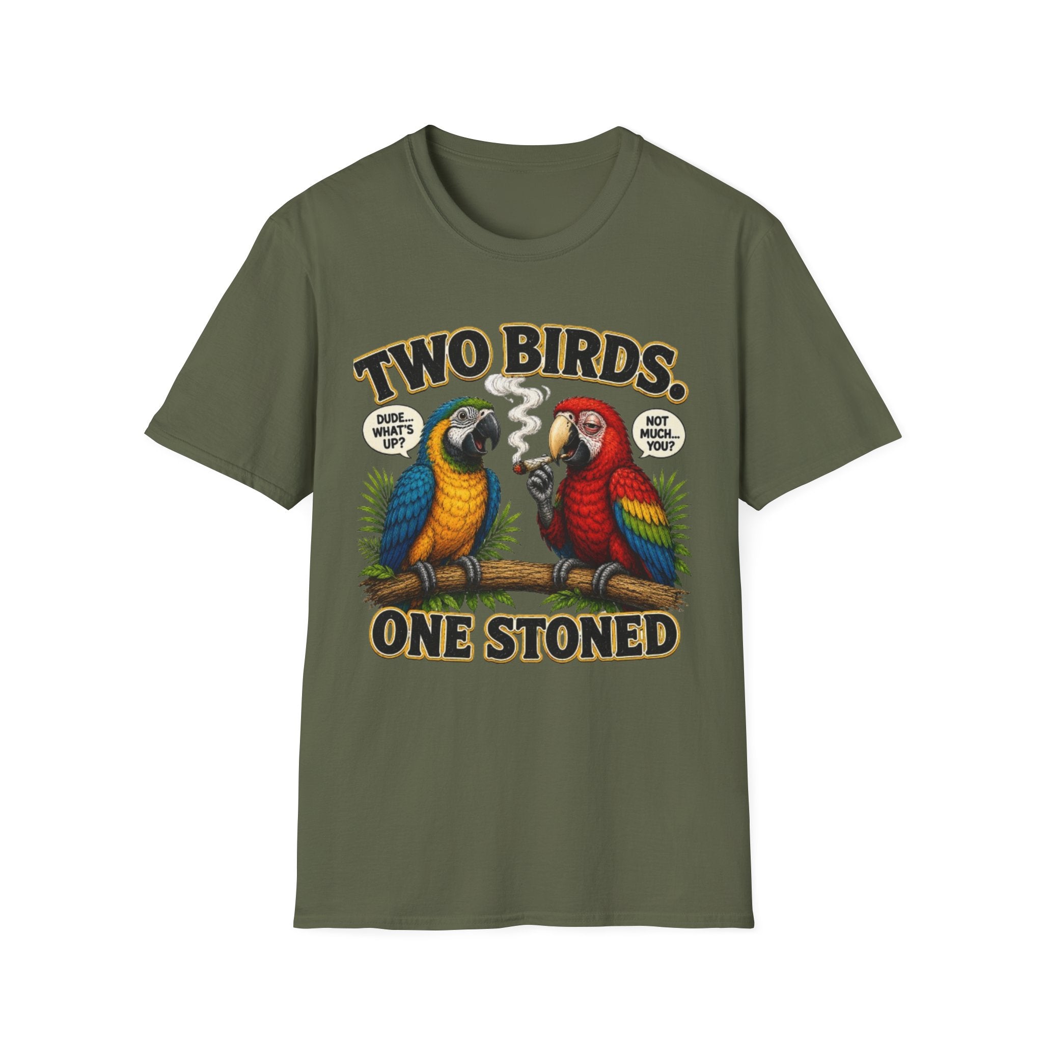 Parrot Graphic Tee Two Birds. One Stoned. Vintage Cannabis Humor T-Shirt