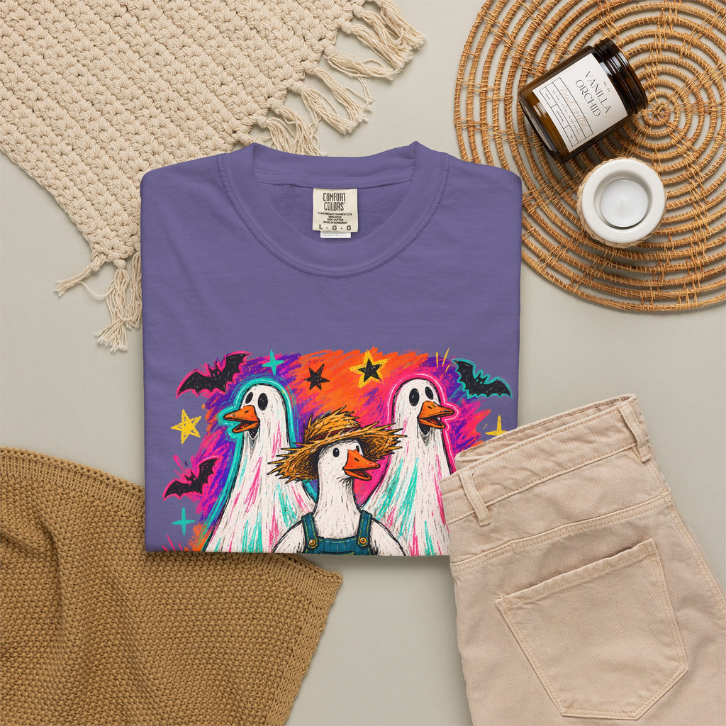 Halloween Goose T Shirt Cute Goose in Ghost Costume with Pumpkin Illustration