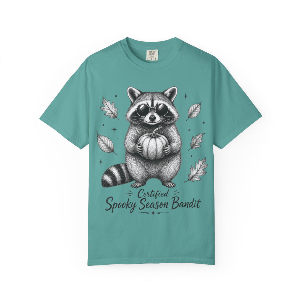 Spooky Season Bandit T Shirt Cute Raccoon Holding Pumpkin Fall Tee