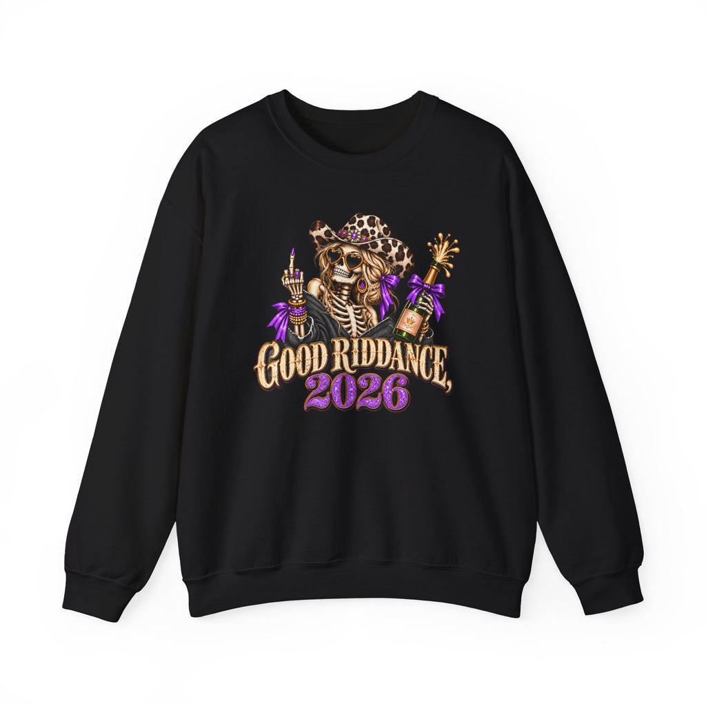 Good Riddance 2026 Sweatshirt, Funny New Years Eve Outfit, Sassy Skeleton Cowgirl Crewneck, Western Leopard Print Shirt, Sarcastic Gift