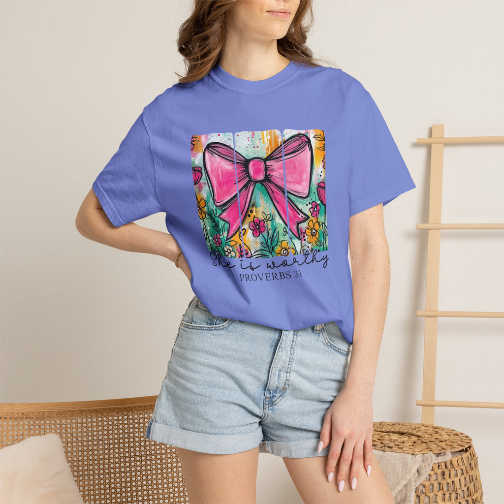 Pink Bow Floral Illustration Tee Shirt | She is Worthy Proverbs 31 Christian Tee