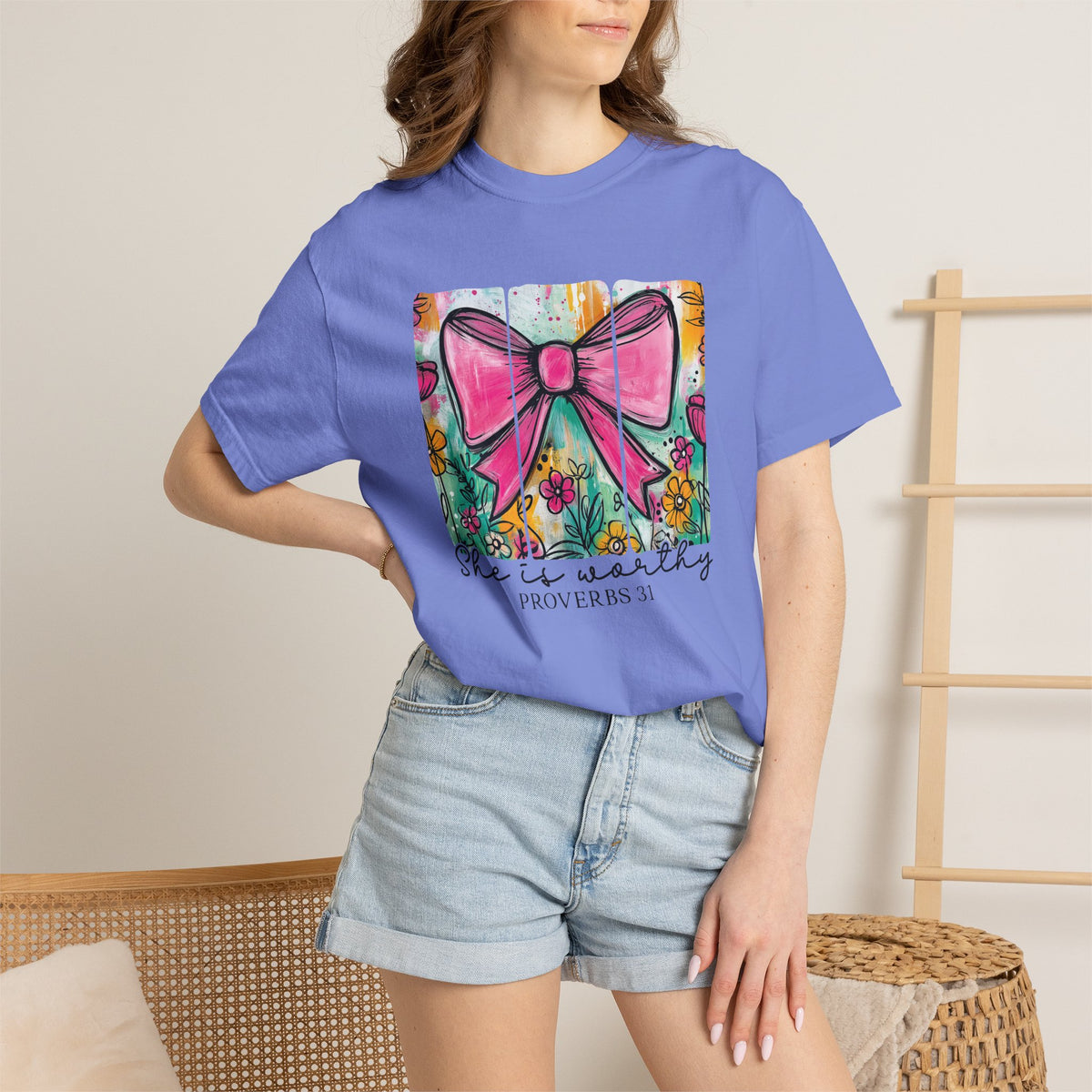 Pink Bow Floral Illustration Tee Shirt | She is Worthy Proverbs 31 Christian Tee
