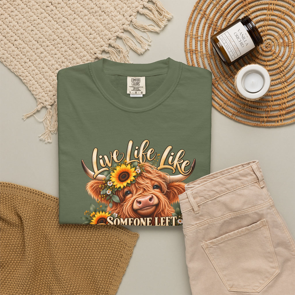 Live Life Like Someone Left the Gate Open Cow T Shirt Sunflower Highland Cattle Tee