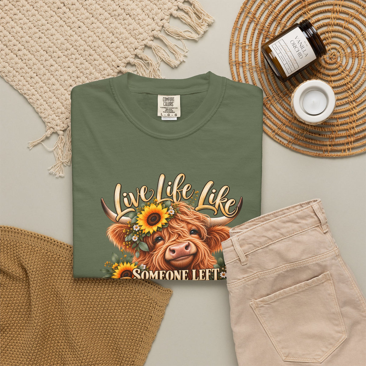 Live Life Like Someone Left the Gate Open Cow T Shirt Sunflower Highland Cattle Tee