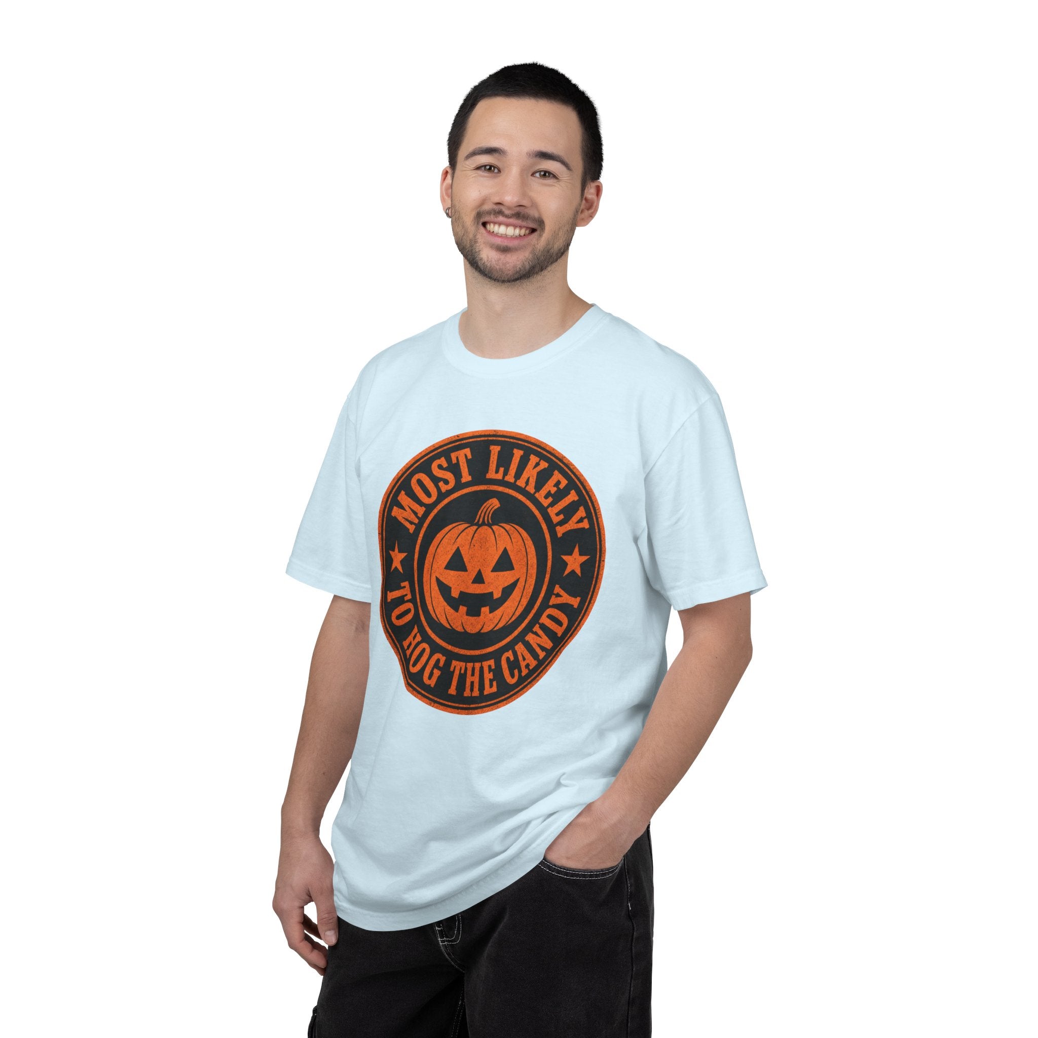 Most Likely to Hog the Candy Halloween T Shirt Jack-O Lantern Pumpkin Graphic Tee