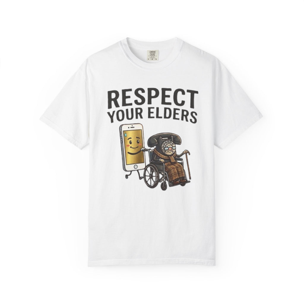 Respect Your Elders T-Shirt  Funny Retro Phone and Wheelchair Graphic Tee
