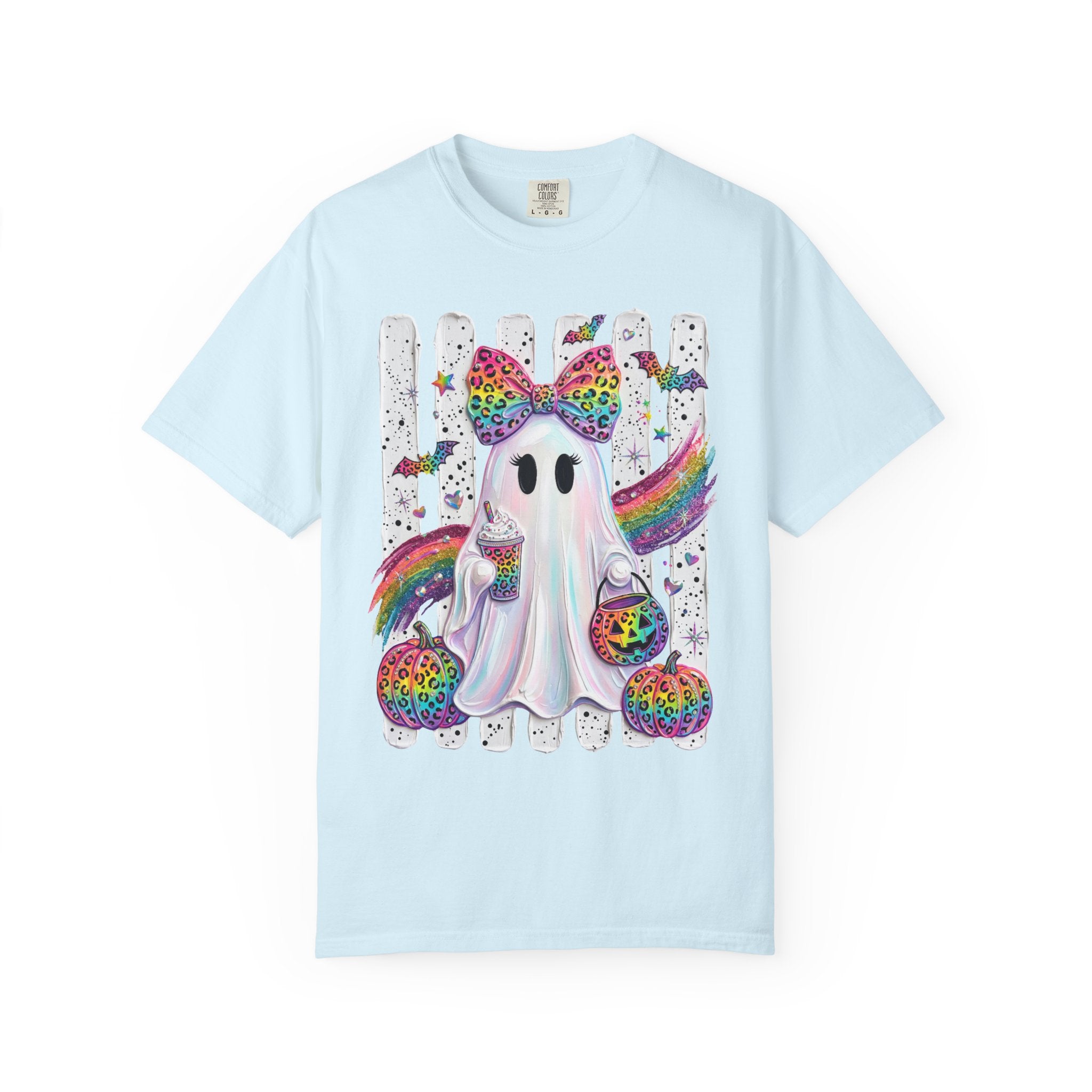 Halloween Rainbow Ghost T Shirt Cute Glittery Ghost with Rainbow Bow and Pumpkins
