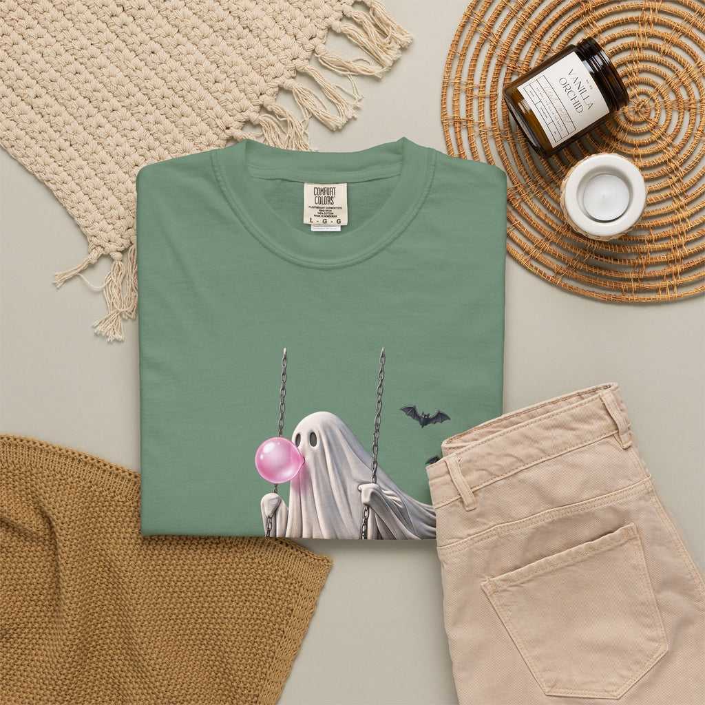 Ghost on Swing Tee Shirt | Cute Halloween Ghost Blowing Bubblegum, Bats