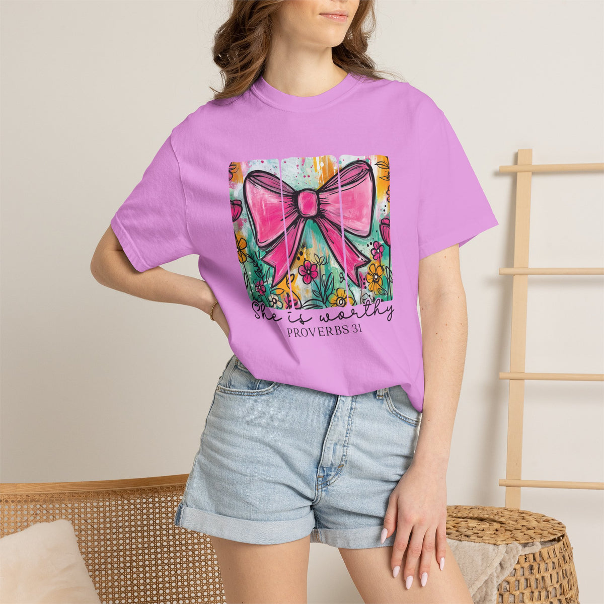 Pink Bow Floral Illustration Tee Shirt | She is Worthy Proverbs 31 Christian Tee