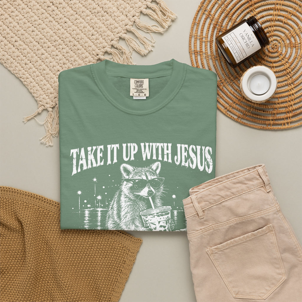 Take It Up With Jesus Shirt, Funny Raccoon Tee, He Made Me This Way, Sarcastic Christian Shirt, Funny Faith Gift, Unisex Graphic Tee