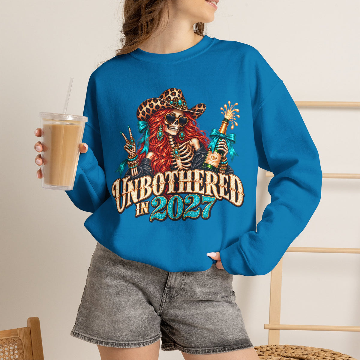 Unbothered in 2027 Sweatshirt, Funny New Years Shirt, Western Cowgirl Skeleton Crewneck, Sassy New Year Outfit, Leopard Print Gift