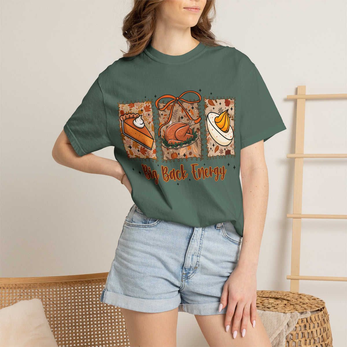 Tee Shirt Big Back Energy Thanksgiving Pie and Turkey Graphic Tee