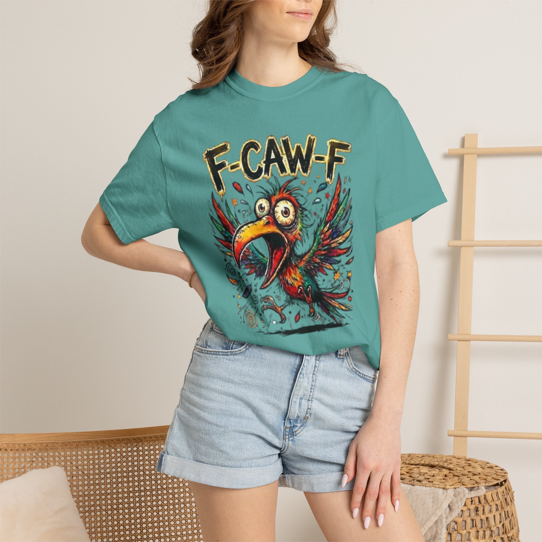 F-CAW-F Cartoon Parrot T-Shirt Colorful Tropical Bird Graphic Tee