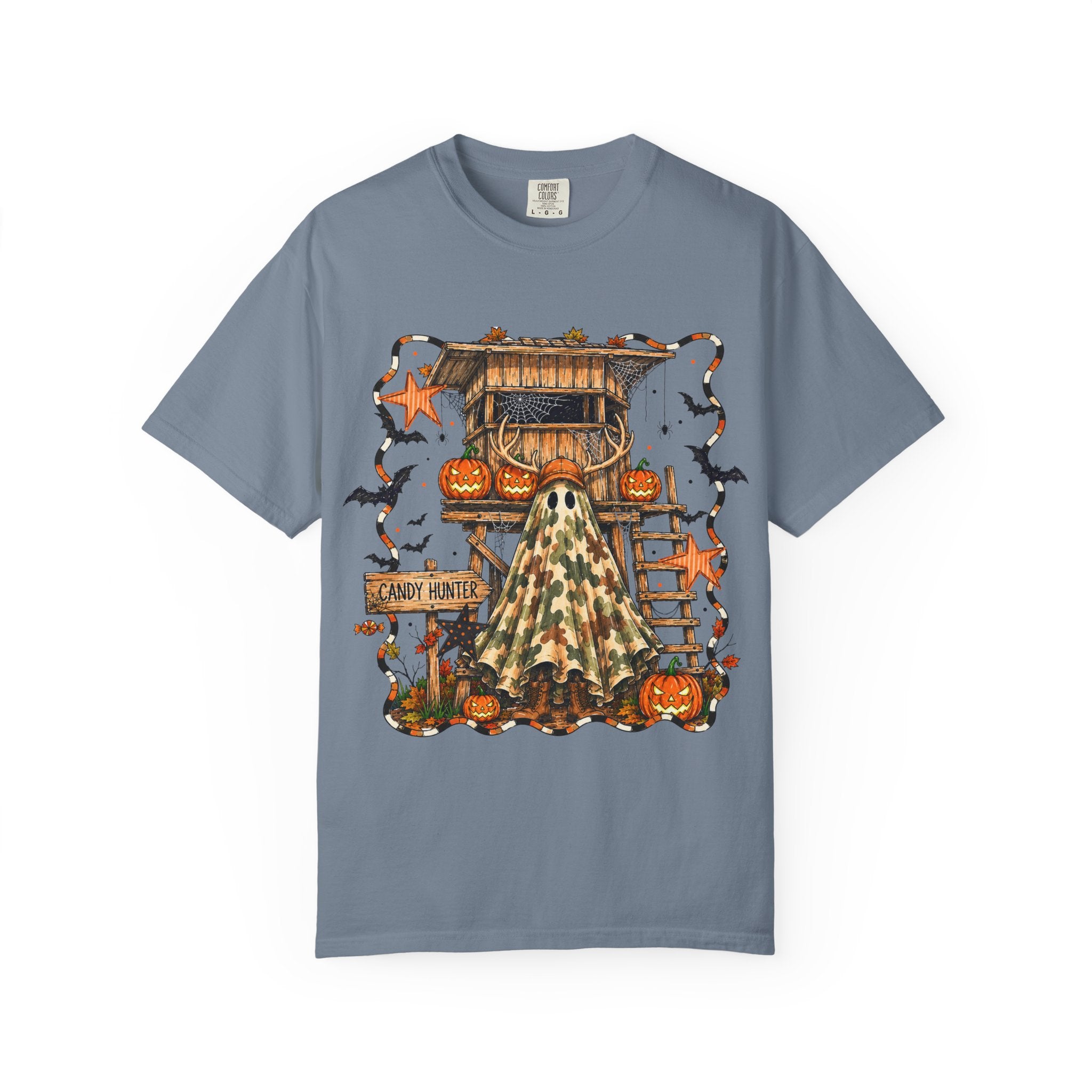 Halloween Ghost Treehouse T-Shirt Front and Back 31 October Camo Pumpkin Tee