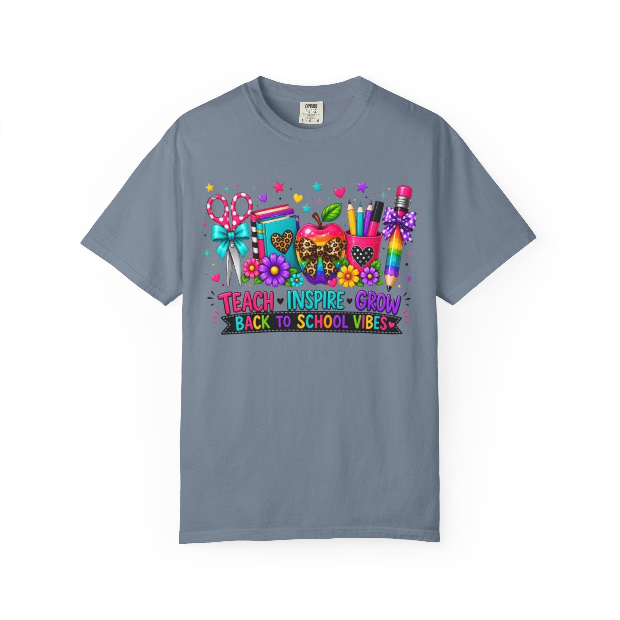 Back to School Teacher T Shirt Teach  Inspire  Grow Colorful School Supplies Tee