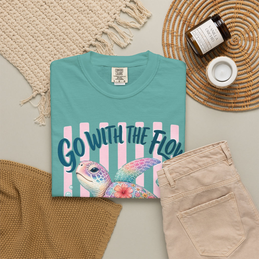 T-Shirt Go With The Flow Floral Sea Turtle Graphic Tee