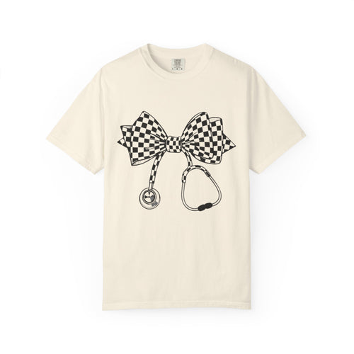 Checkerboard Bow Stethoscope T Shirt Nurse and Medical Student Gift