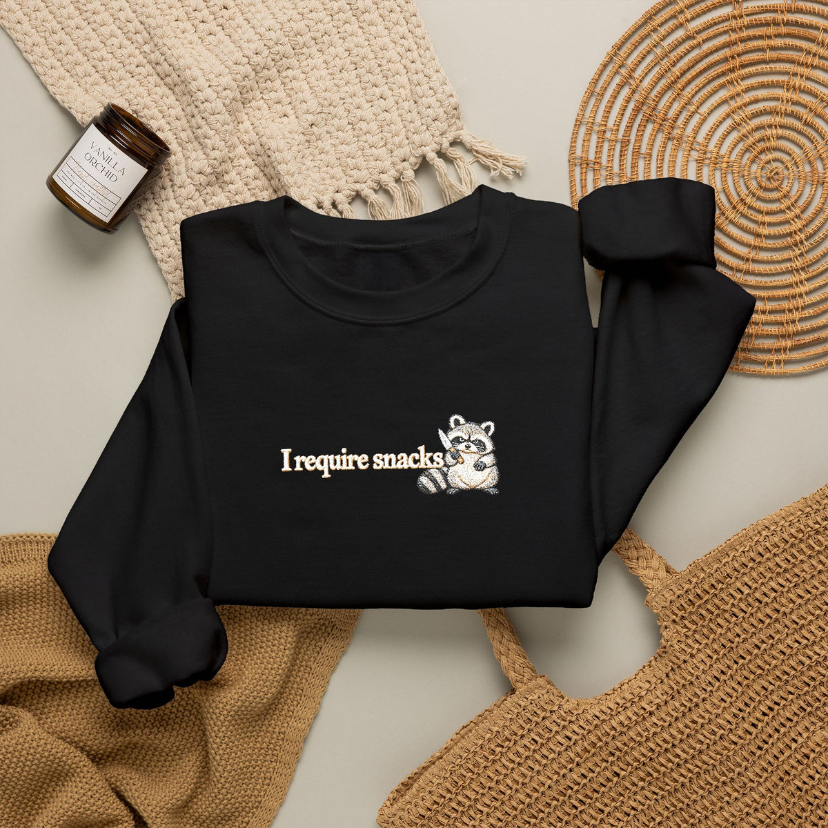 I Require Snacks Embroidered Sweatshirt, Funny Raccoon Sweatshirt, Minimalist Embroidery, Sarcastic Animal Lover Gift, Cozy Crewneck