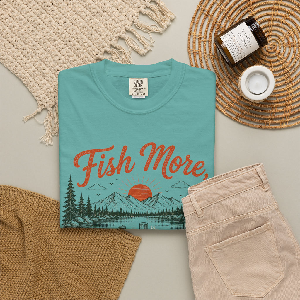 Fish More Scroll Less T Shirt Vintage Fishing Cabin Graphic Tee