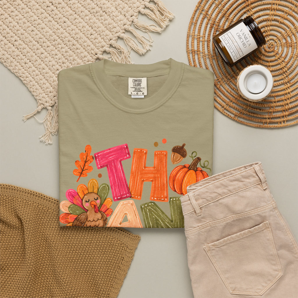 Thankful Turkey Shirt, Cute Thanksgiving Tee, Colorful Fall Graphic T-Shirt, Thanksgiving Outfit, Autumn Shirt, Fall Teacher Gift