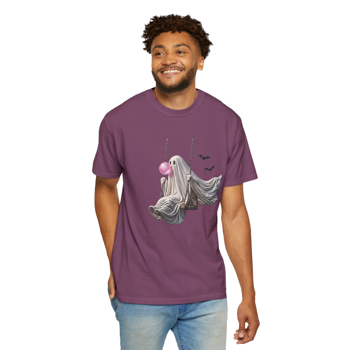 Ghost on Swing Tee Shirt | Cute Halloween Ghost Blowing Bubblegum, Bats