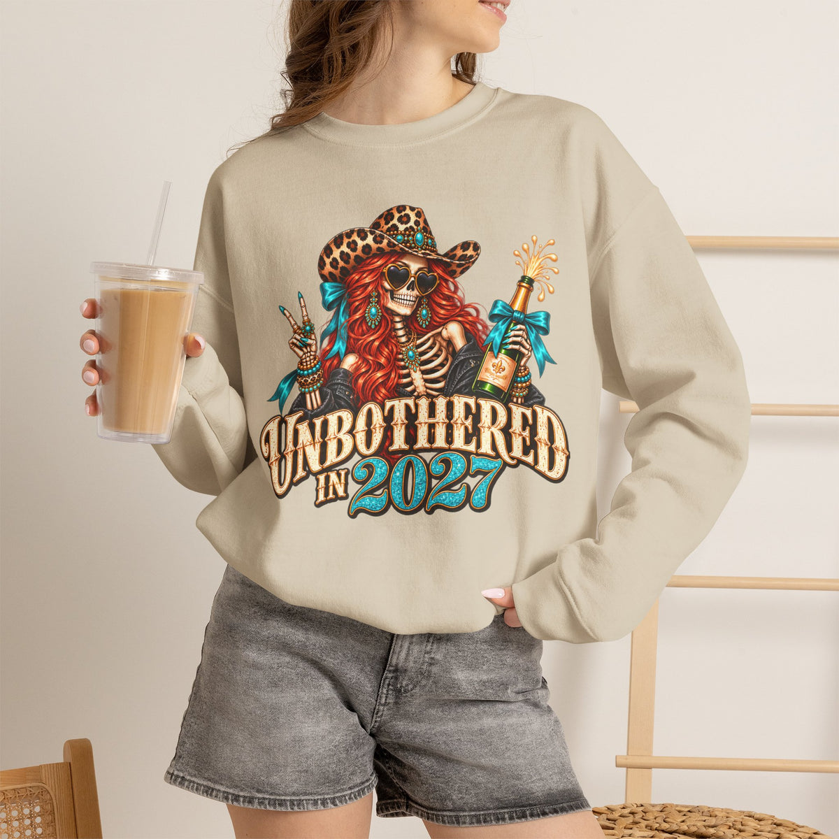 Unbothered in 2027 Sweatshirt, Funny New Years Shirt, Western Cowgirl Skeleton Crewneck, Sassy New Year Outfit, Leopard Print Gift
