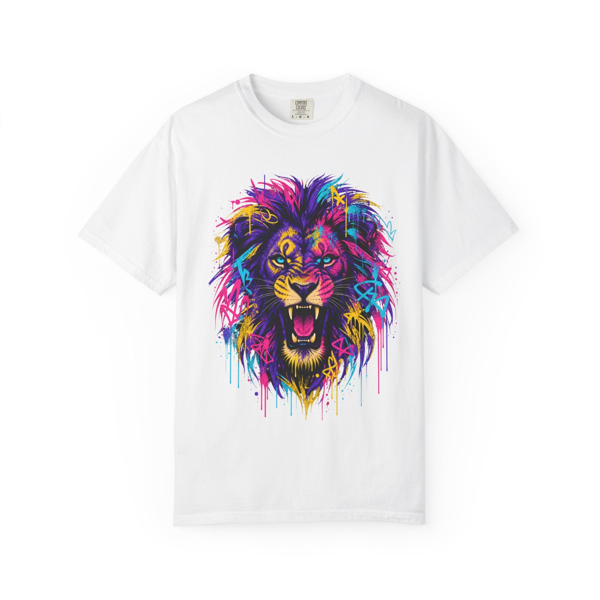 Colorful Roaring Lion T Shirt Vibrant Neon Animal Graphic Tee