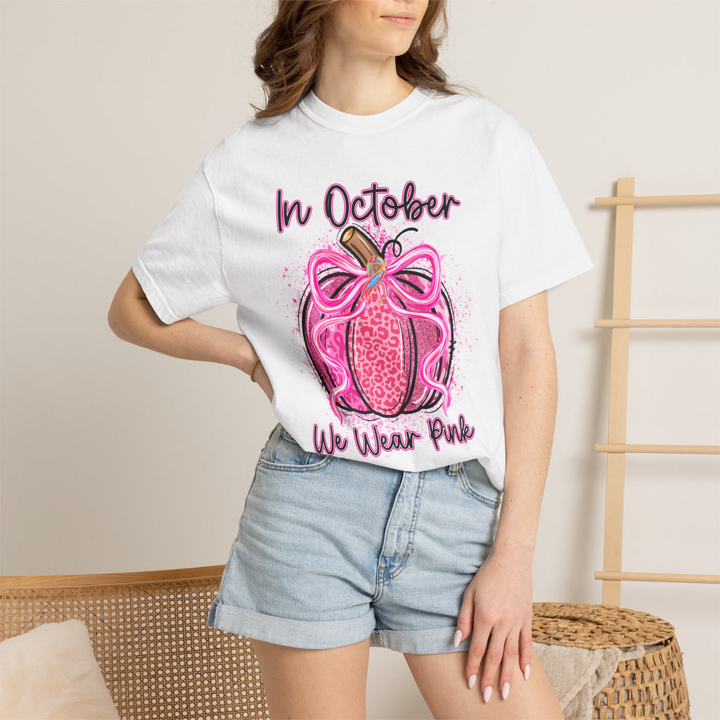 Breast Cancer Awareness Tee Shirt In October We Wear Pink Pumpkin Design
