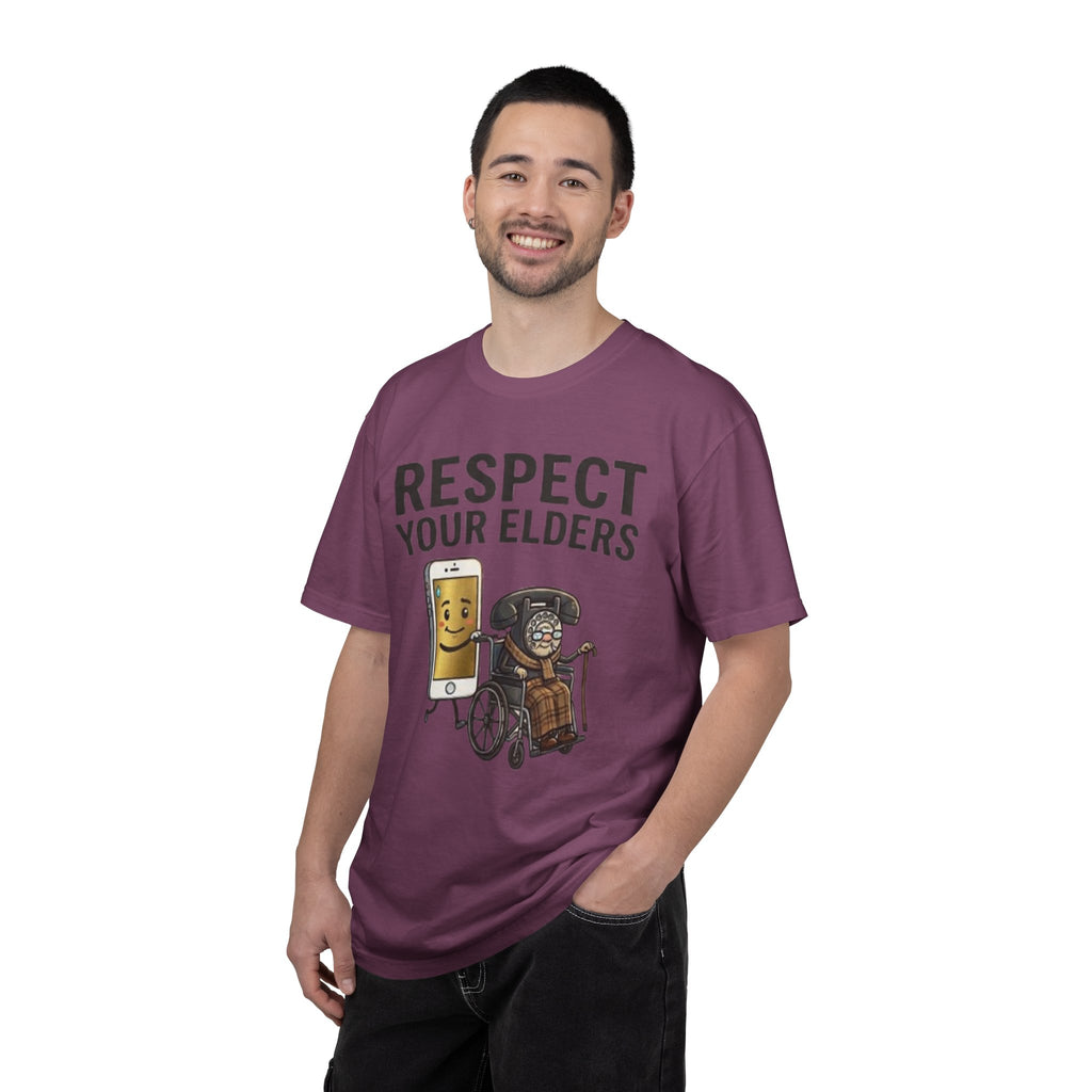 Respect Your Elders T-Shirt  Funny Retro Phone and Wheelchair Graphic Tee