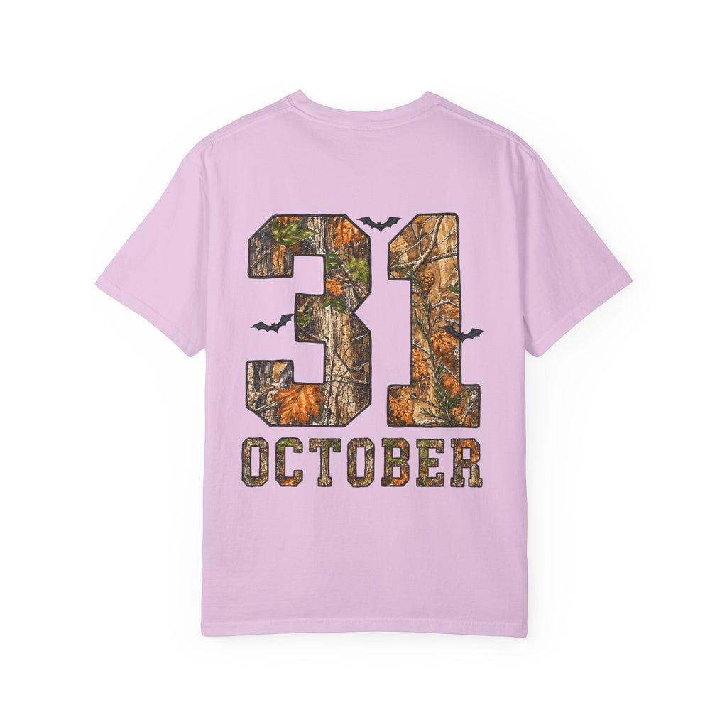 Halloween Ghost Treehouse T-Shirt Front and Back 31 October Camo Pumpkin Tee