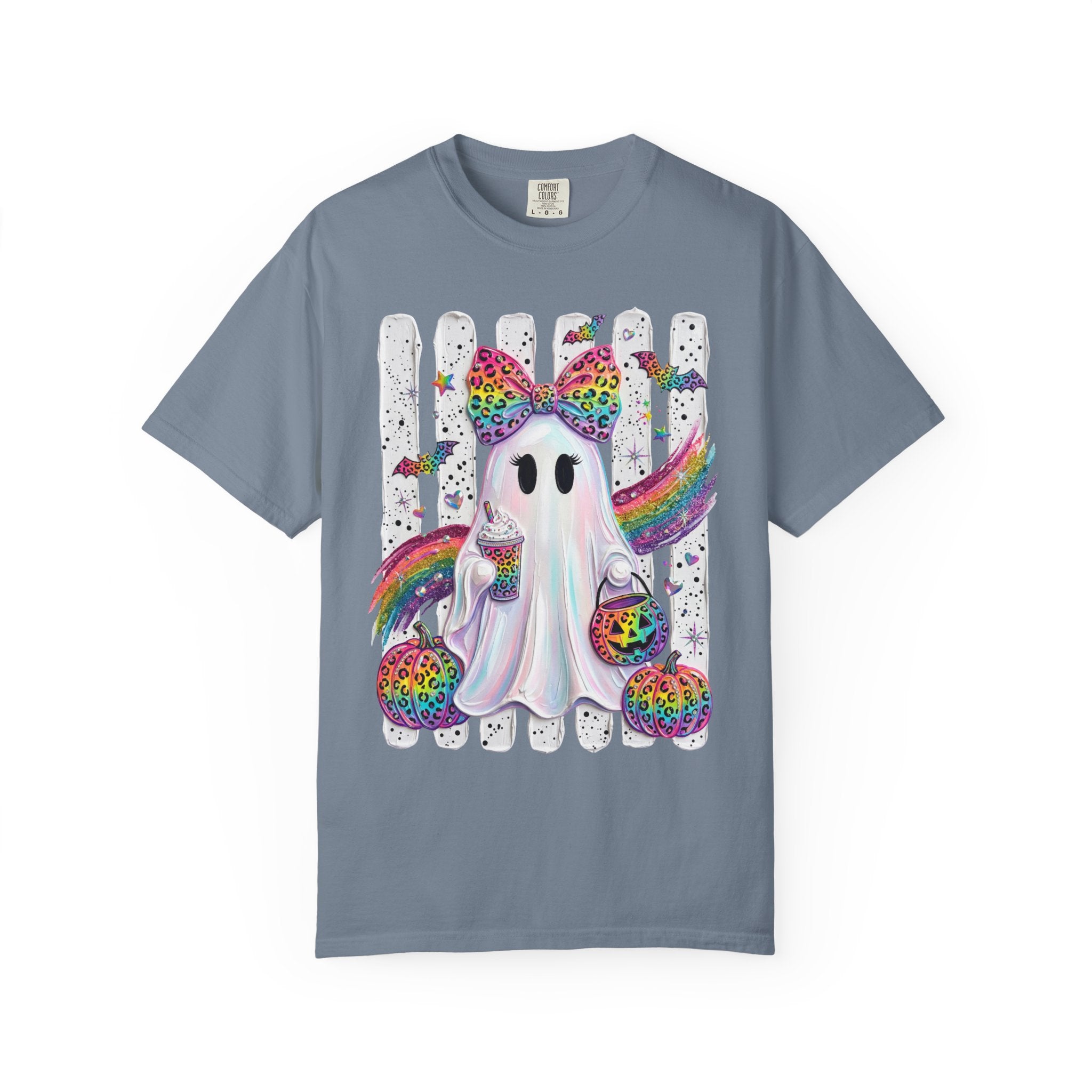 Halloween Rainbow Ghost T Shirt Cute Glittery Ghost with Rainbow Bow and Pumpkins