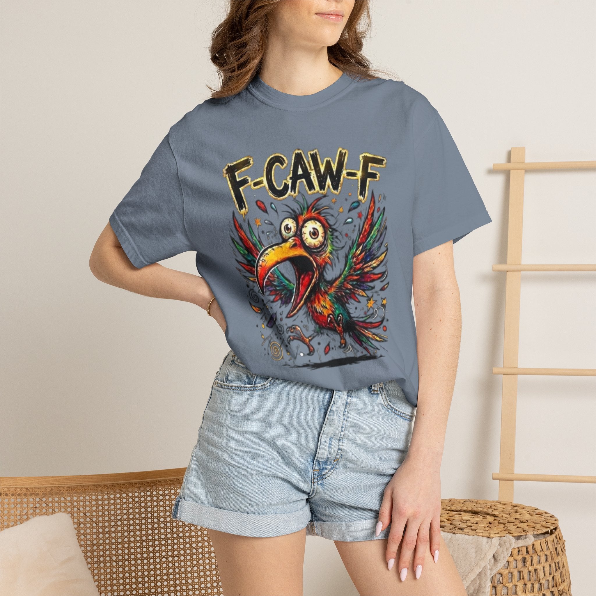 F-CAW-F Cartoon Parrot T-Shirt Colorful Tropical Bird Graphic Tee