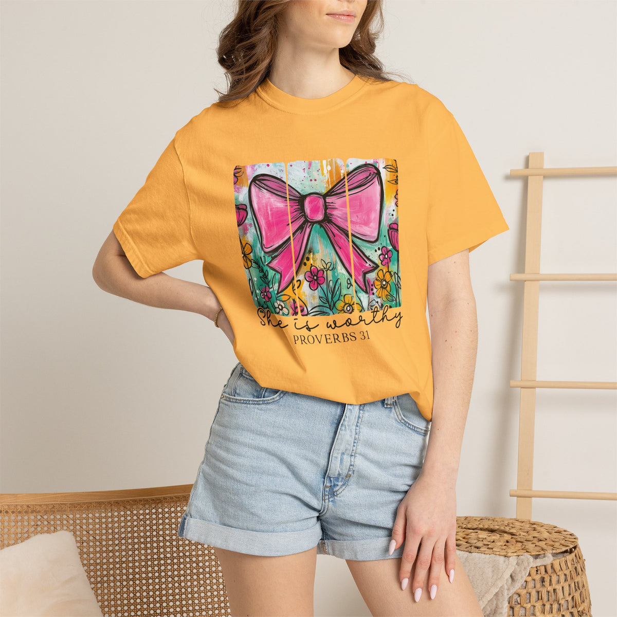 Pink Bow Floral Illustration Tee Shirt | She is Worthy Proverbs 31 Christian Tee