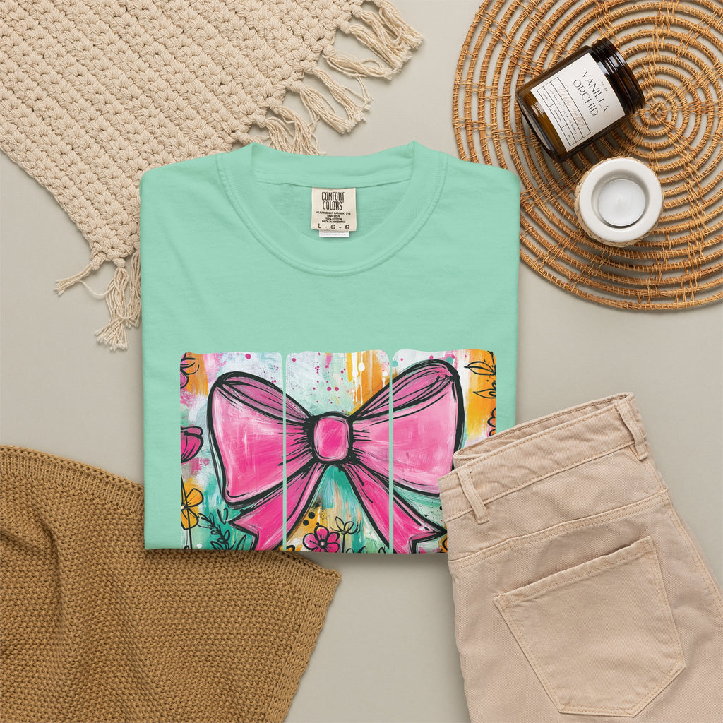Pink Bow Floral Illustration Tee Shirt | She is Worthy Proverbs 31 Christian Tee