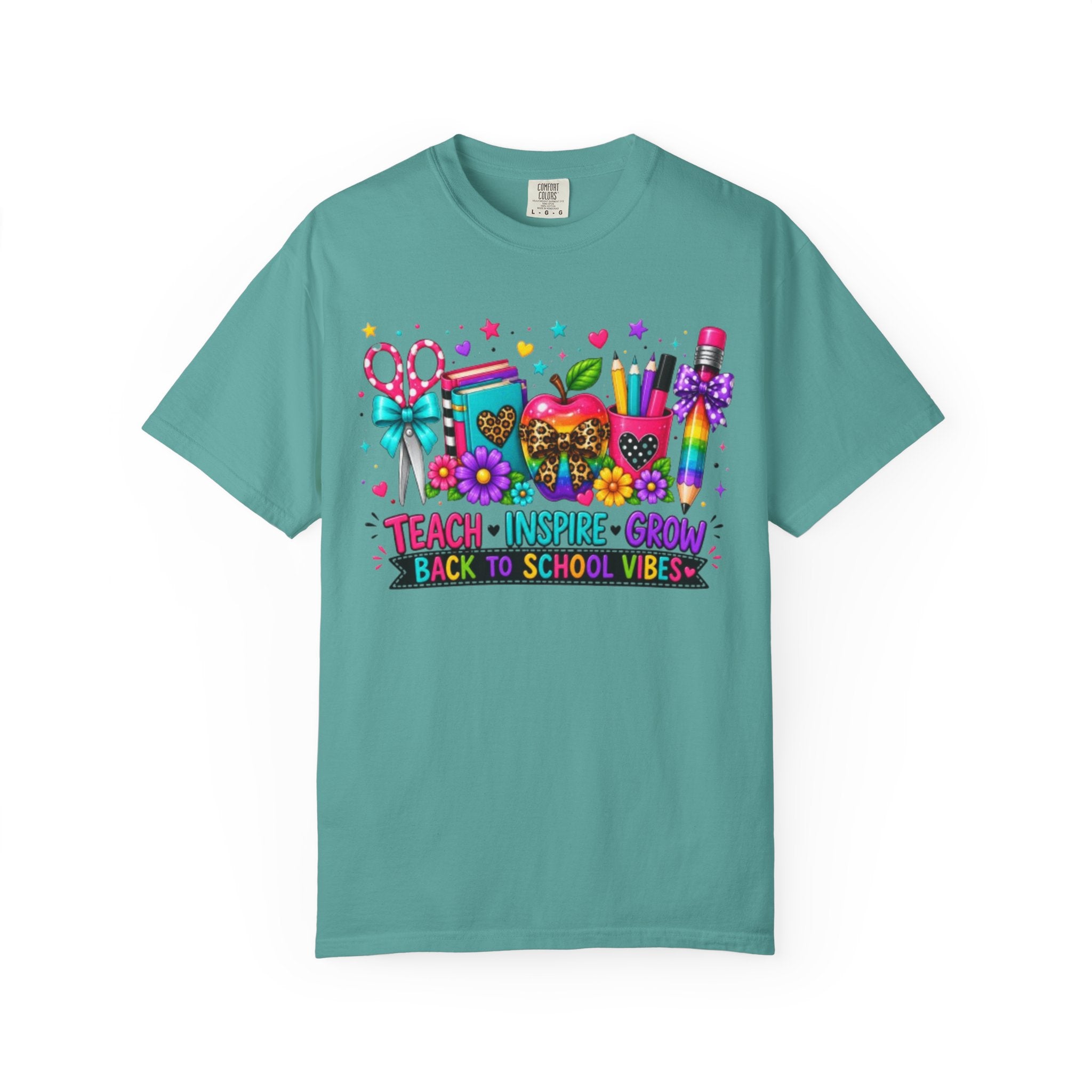 Back to School Teacher T Shirt Teach  Inspire  Grow Colorful School Supplies Tee