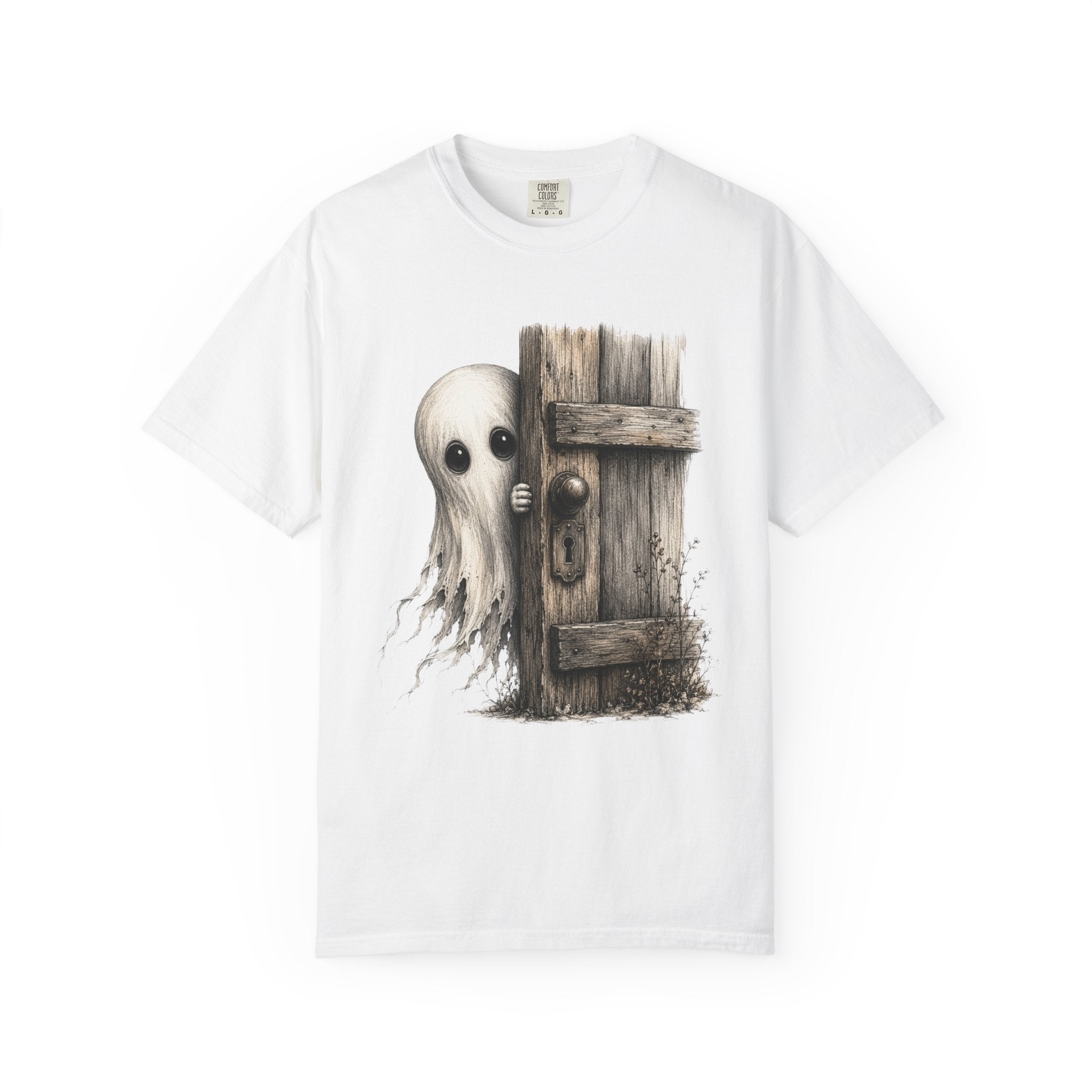 Ghost Peeking Behind Door T Shirt Cute Spooky Halloween Tee