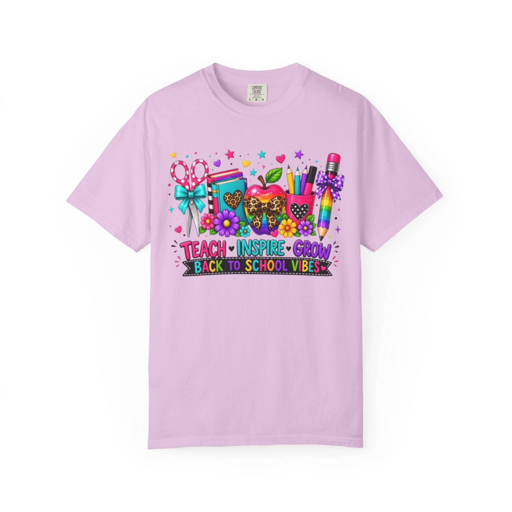 Back to School Teacher T Shirt Teach  Inspire  Grow Colorful School Supplies Tee