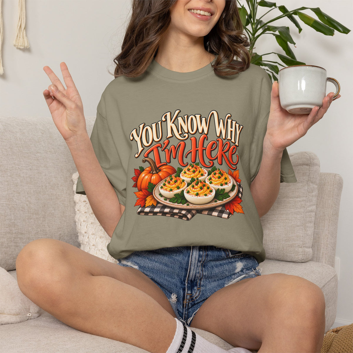 You Know Why Im Here deviled eggs graphic T Shirt | Thanksgiving fall food design